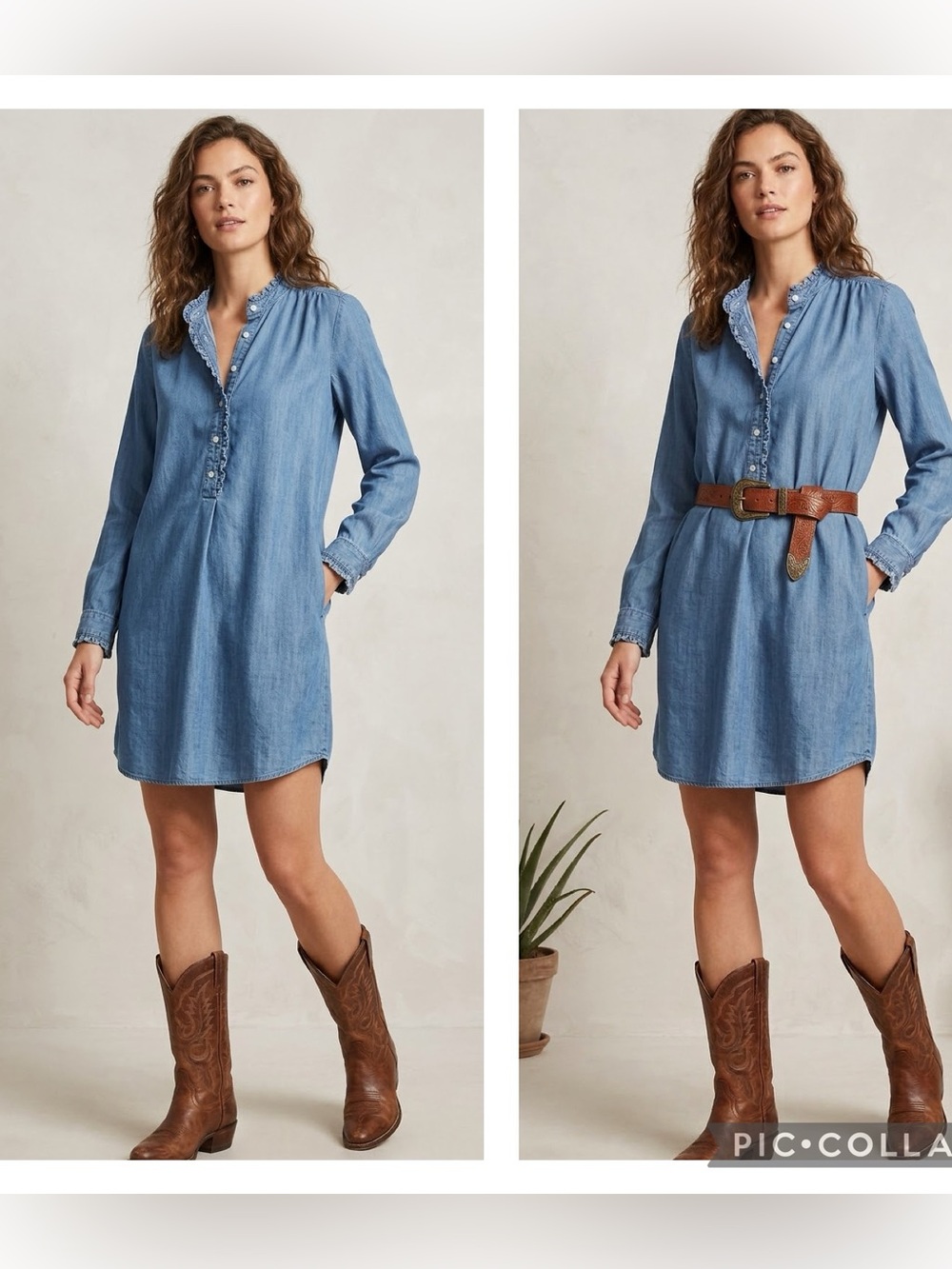 Ann Taylor LOFT 1/2 Button Denim Jean Dress Ruffle at Collar Cuff Placard Medium